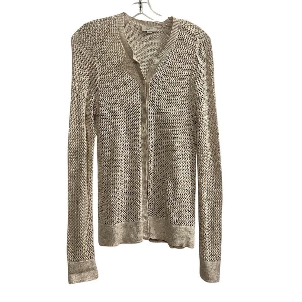 LOFT Women's Beige Gold Metalllic Open Stitch Cardigan Size M Long‎ Sleeve